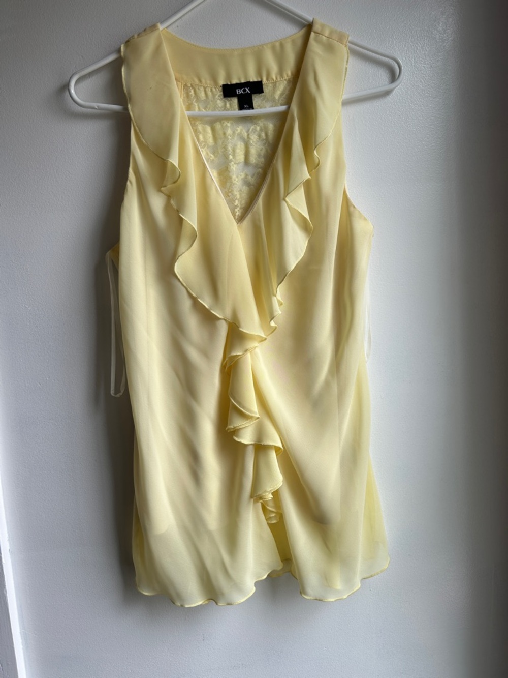 BCX Pale Yellow Ruffled V-Neck Sleeveless shirt